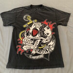 Fatal Clothing Shirt Mens Medium Black Tattoo Skull Anchor Rose Graphic Tee Punk